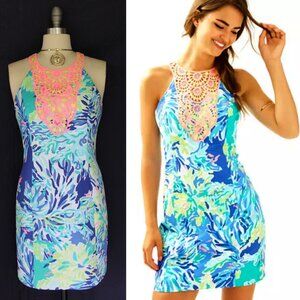 Lilly Pulitzer pearl shift dress brilliant blue wade and sea crochet lace Mod